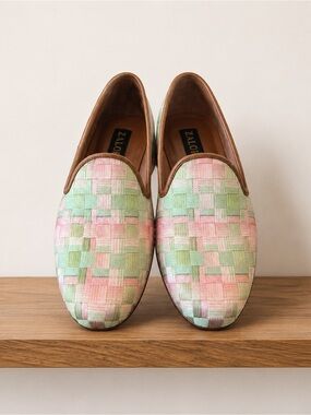 Zalo gingham silky Woven Green and Pink Loafers 8.5